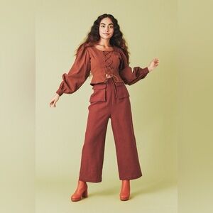 Samantha Pleet Rust Wide-Leg Linen Pants size 10